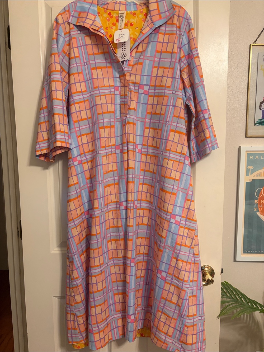 Uncle Frank Peach & Lavender Plaid Midi Shirt Dress